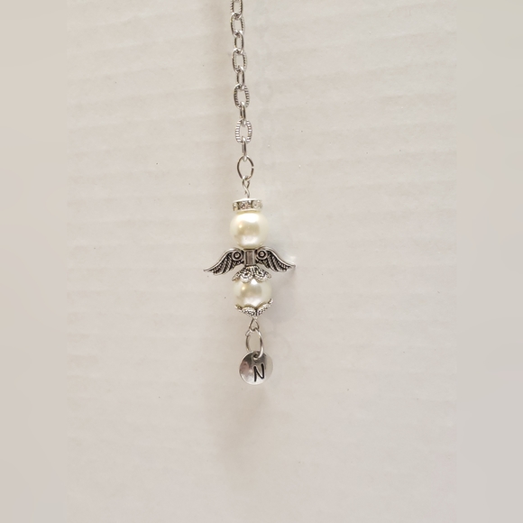 Handmade Pearl Beaded Guardian Angel & Intial Letter Rear View Mirror Charm Car - Picture 5 of 8